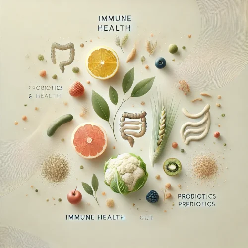 An image representing the concept of functional foods and immune system enhancement, featuring various nutritious foods like fruits, vegetables, whole grains, and probiotics, symbolizing their health benefits and role in disease prevention